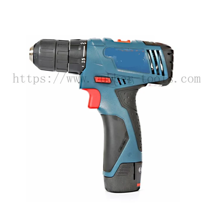 Blue and black cordless drill driver with keyless chuck and battery pack