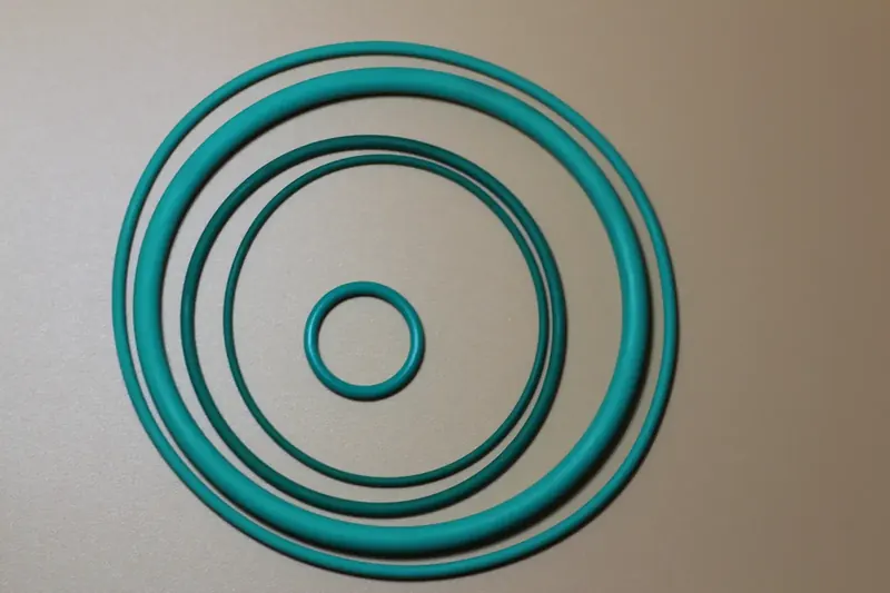 Teal fluoroelastomer O-rings of several diameters laid out on a work surface